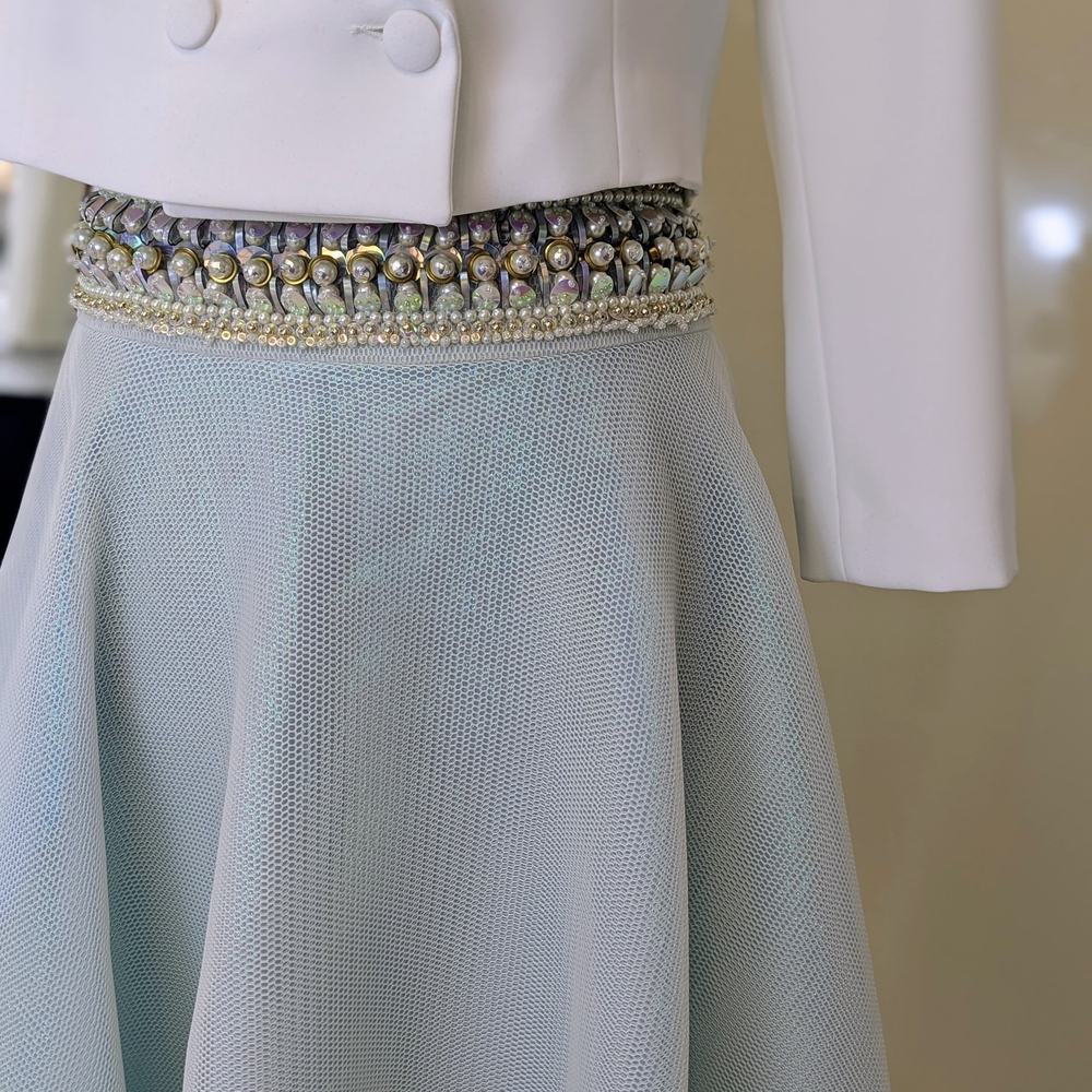 Manish Arora Elegant Mint Green (Seafoam) Women's Maxi Skirt With Beads & Pearls - Picture 12 of 16